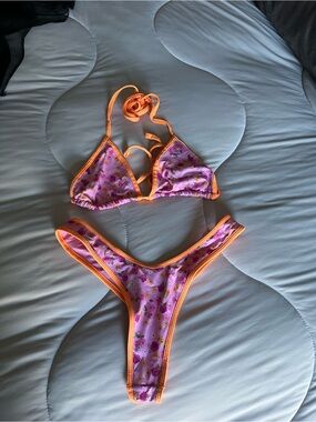 Frankie's Bikinis Pink Triangle Bikini with Orange Trim